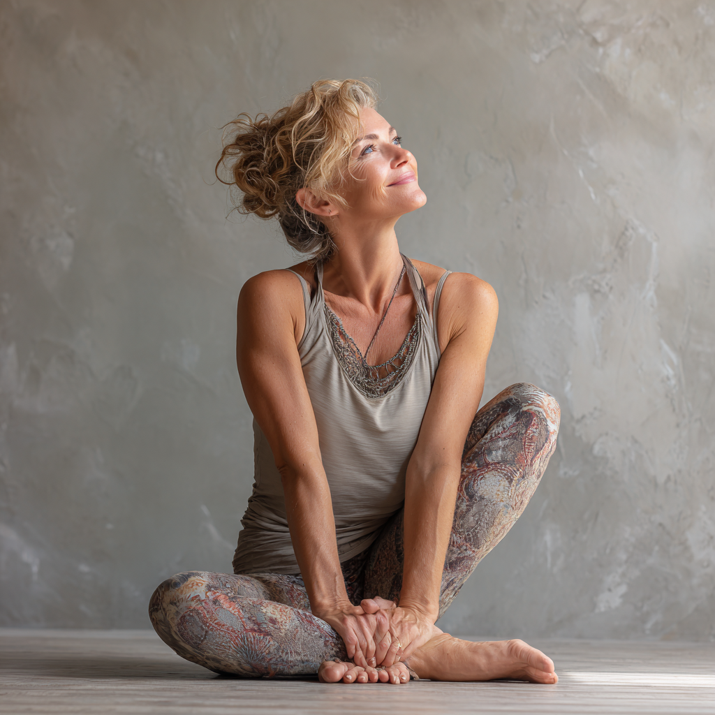 51 years old woman in comfortable yoga pose demonstrating flexibility and inner peace in natural studio setting