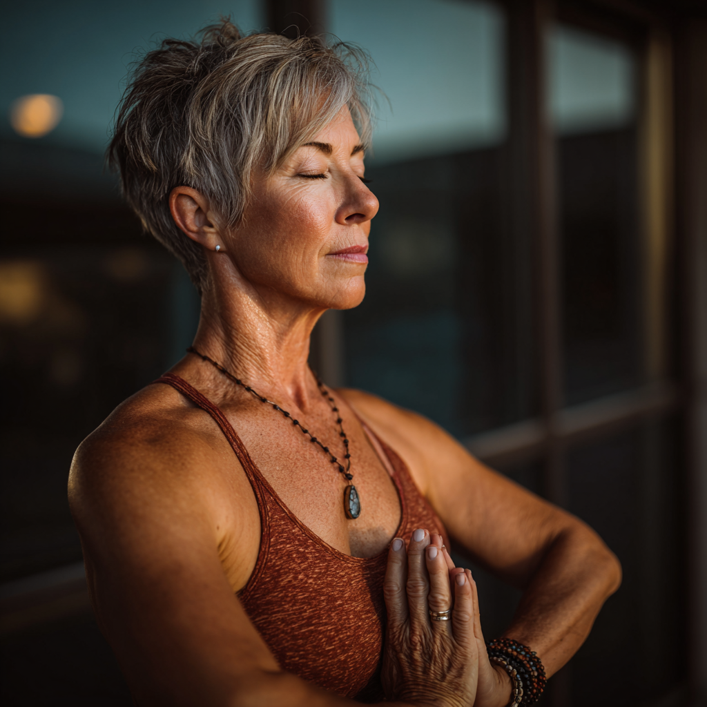 52 years old female yoga instructor in her forties demonstrating professional yoga guidance