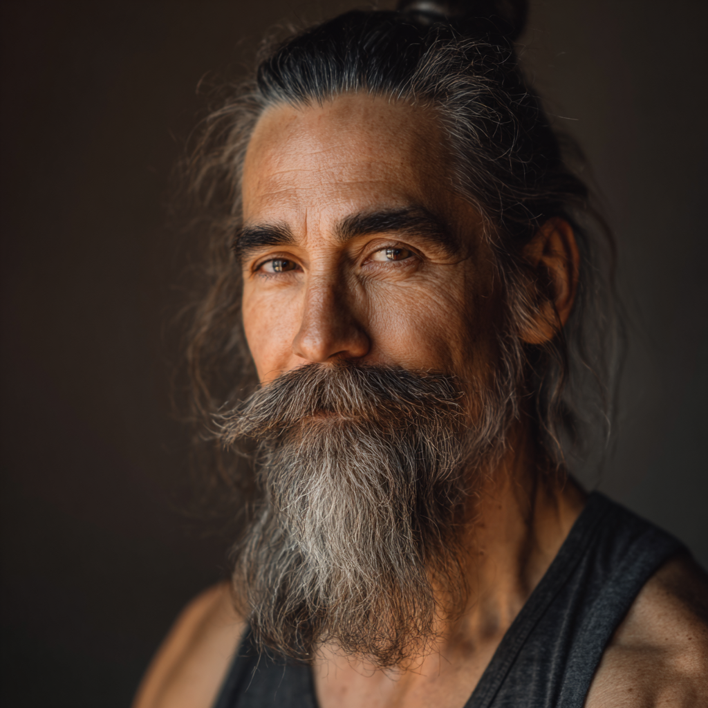 53 years old male yoga teacher showing calm and wise demeanor in studio environment