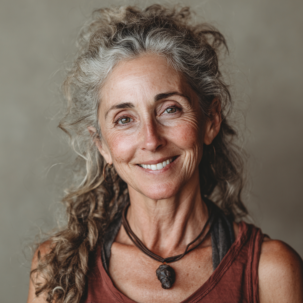54 years old female instructor in her fifties teaching restorative yoga with compassionate approach